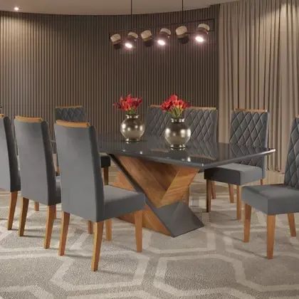 Mesa de Jantar Luxo com Tampo de vidro e 8 Cadeiras Cinza