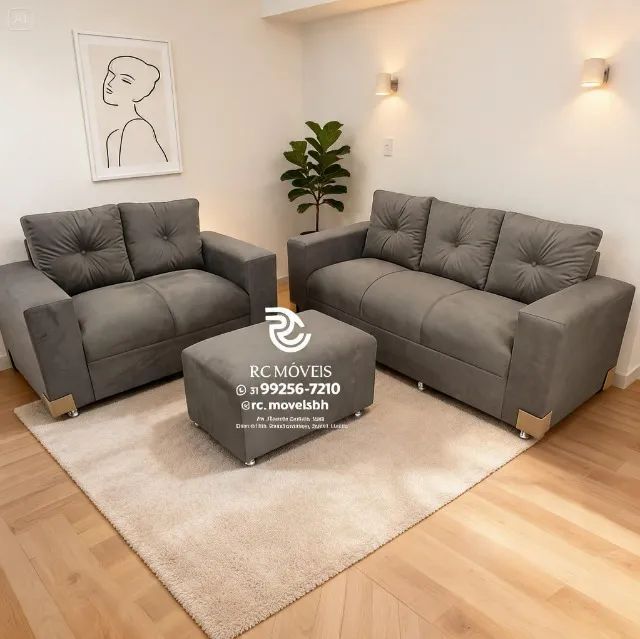 Conjunto Sofá 2 e 3 Lugares Puff Suede Cinza Claro D33 Premium - Foto 3