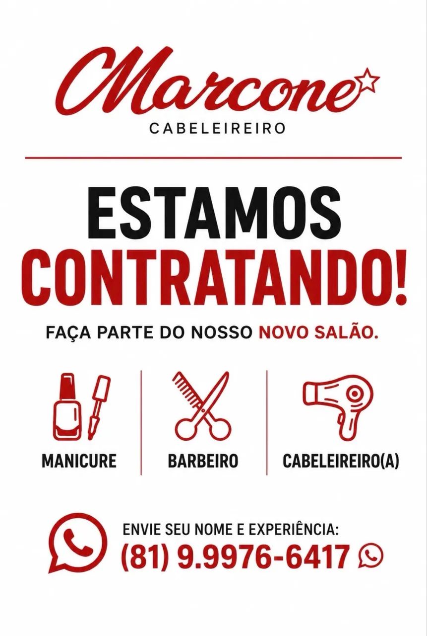 Oferta de emprego para: manicure, cabeleireiro e barbeiro !