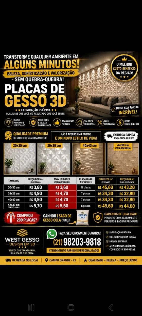 PLACAS DECORATIVA DE GESSO 3D 