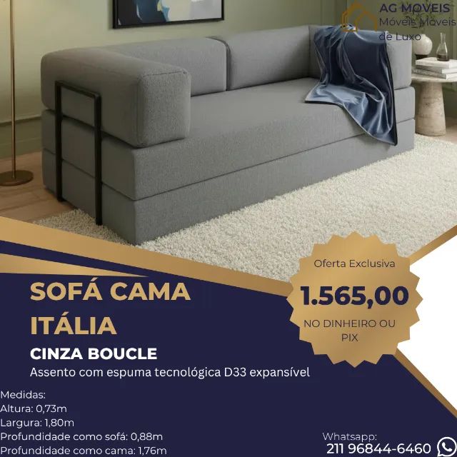 Sofá Cama Itália na Caixa Com Espuma D33 Expansiva - Bege Boucle - Foto 2