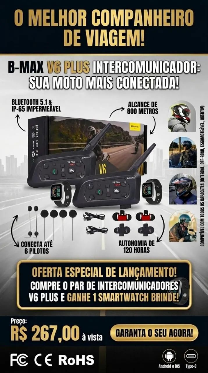 KIT 2 Intercomuncadores para capacete V6 + ? + Smartwatch de  BRINDE