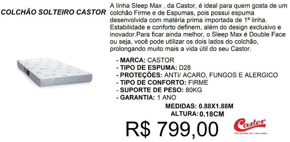 COLCHÃO SOLTEIRO CASTOR A PRONTA-ENTREGA 