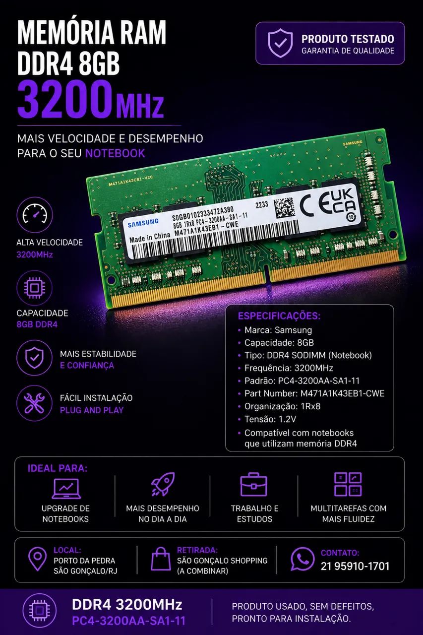Memória Notebook Samsung DDR4 8GB 3200MHz Original