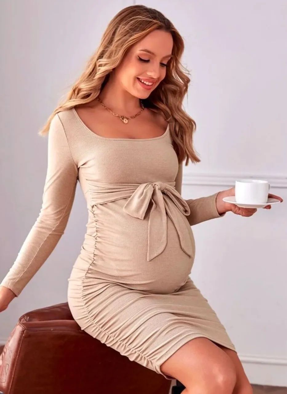 Vestido Gestante Bege com Laço - Foto 2