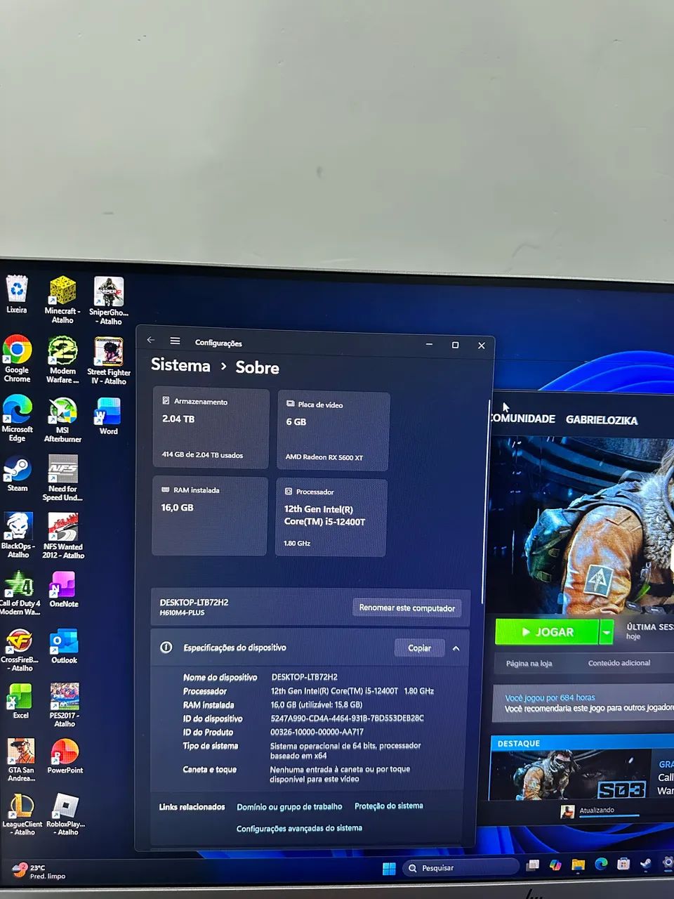 Pc Gamer i5 12400, 2Tb, RX5600XT Completo - Foto 3