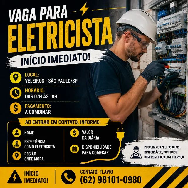 VAGA PARA ELETRICISTA - INÍCIO IMEDIATO