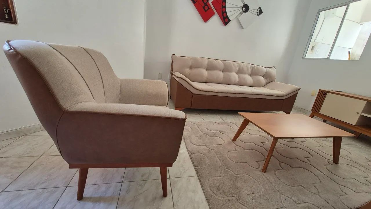 Sofá 3L Verona 2.26MT Pés madeira tecido marrom - linho  - Foto 4