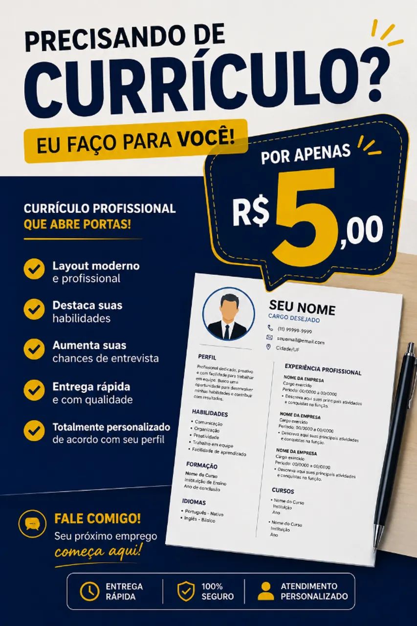 Currículo por apenas 5,00