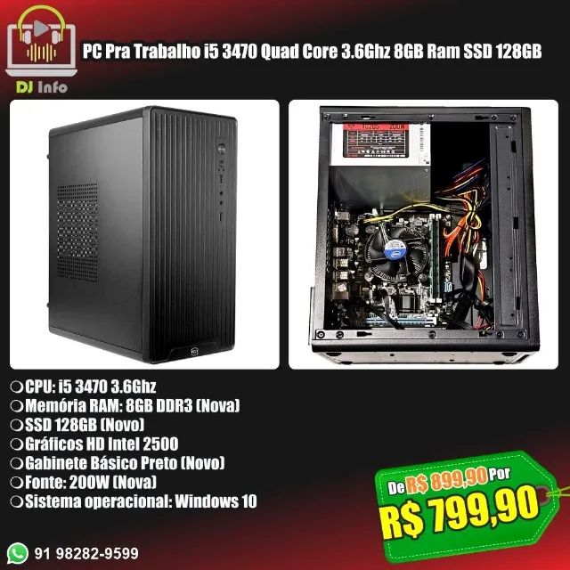 PC Pra Trabalho i5 3470 Quad Core 3.6Ghz 8GB Ram SSD 128GB
