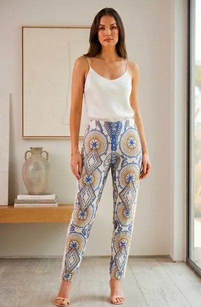 Calça Pantacourt Boho Chic Estampa Azulejo Português tam.40