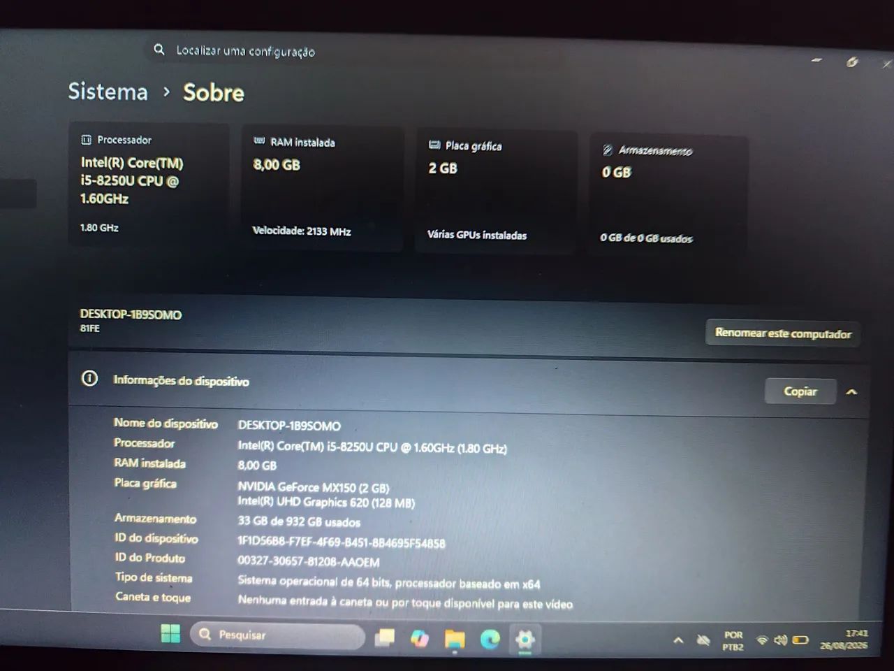 Notebook Lenovo 8° geração 
