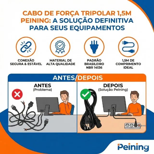 Cabo de força tripolar 1,5m para computador e monitor - Foto 4