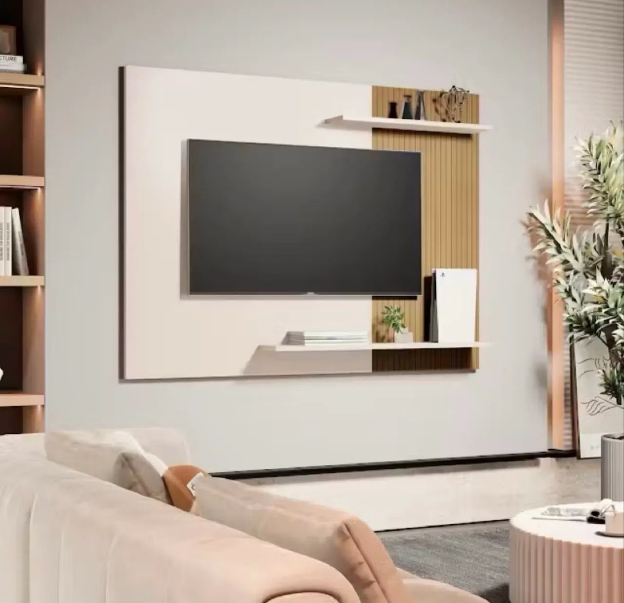 Painel de TV para até 50 polegadas Off white com ripado marrom
