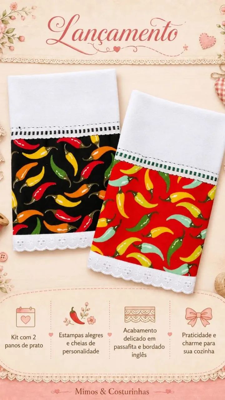 Kit 2 Panos de Prato Decorados | Pimentas| Bordado Inglês