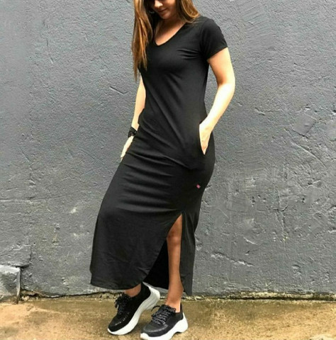 vestido longo com bolso lateral