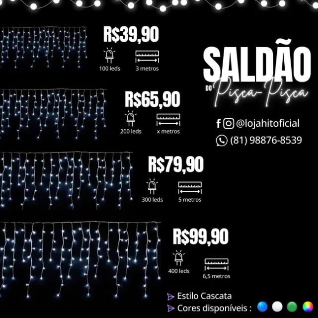 Pisca Pisca de Natal LED Cascata Branco Azul Verde Colorido 100 200 300 400 LEDS até 6,5m