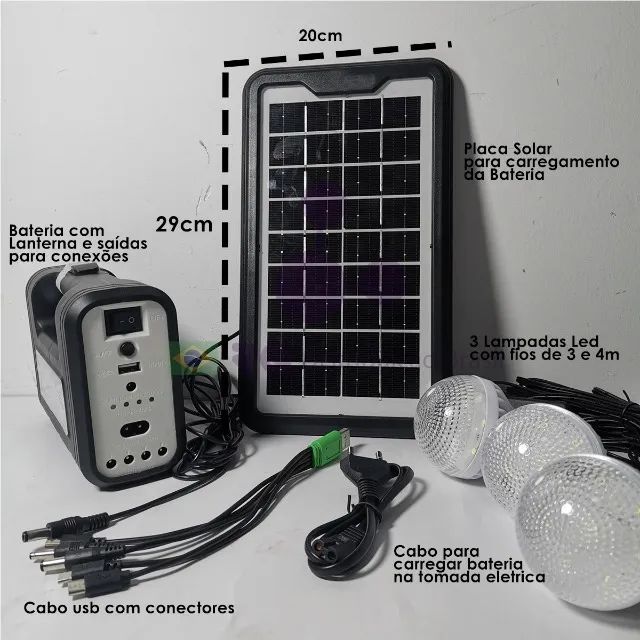 Placa Solar Com 3 Lâmpadas Led Lanterna Carrega Celular Som - Foto 3