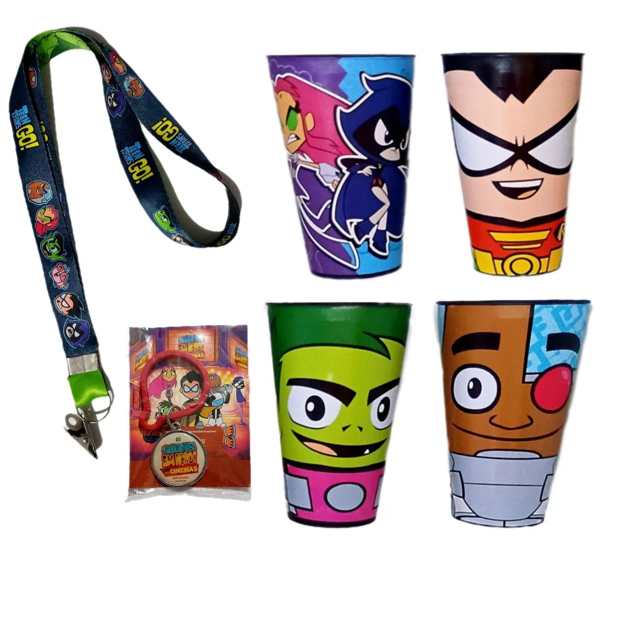 Kit Copo cordão chaveiro Teen Titans Go! Jovens titãs DC comics Cinemark Robin Ravena