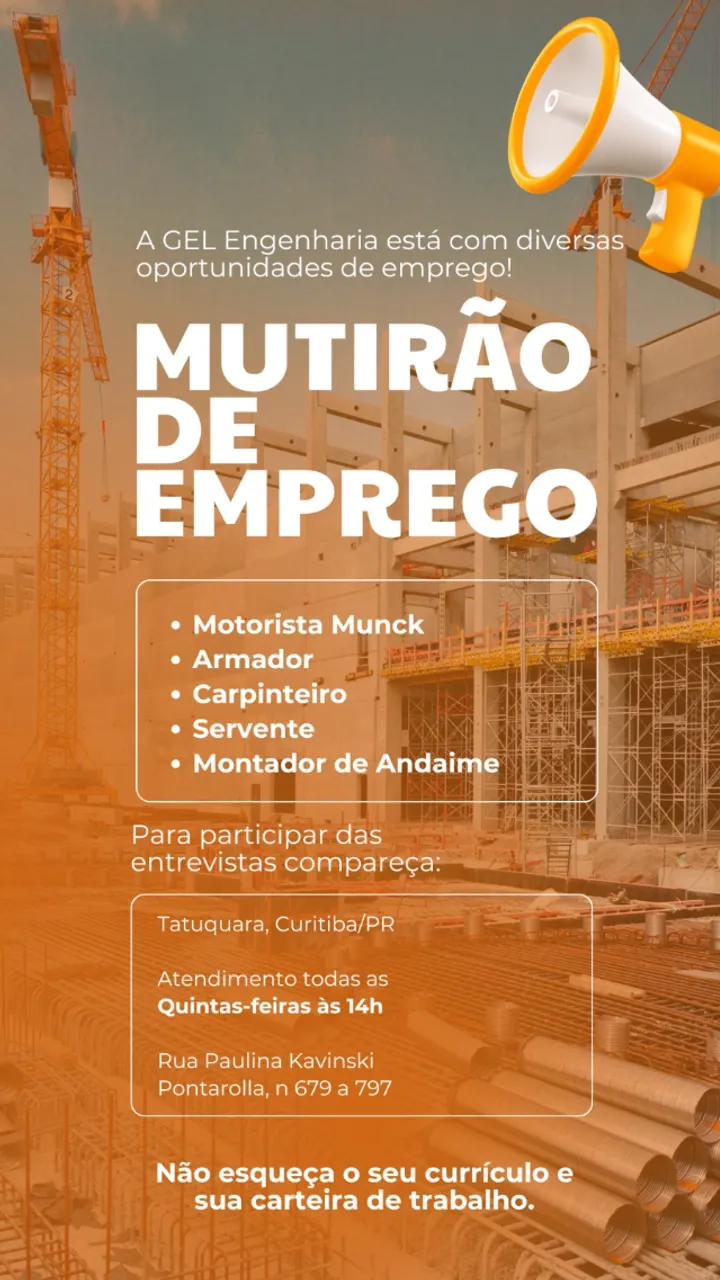 Mutirão de emprego GEL Engenharia - Tatuquara - Curitiba/PR