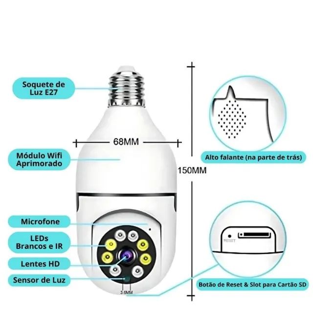 Camera De Segurança Wifi Ip 360 Soquete Branco  - Foto 3