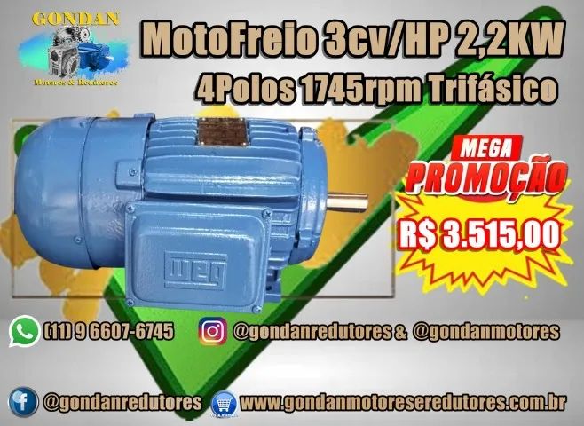 MotoFreio WEG 3cv/hp 2.2kw 4polos 1740rpm trifásico 220v 380v 440v 
