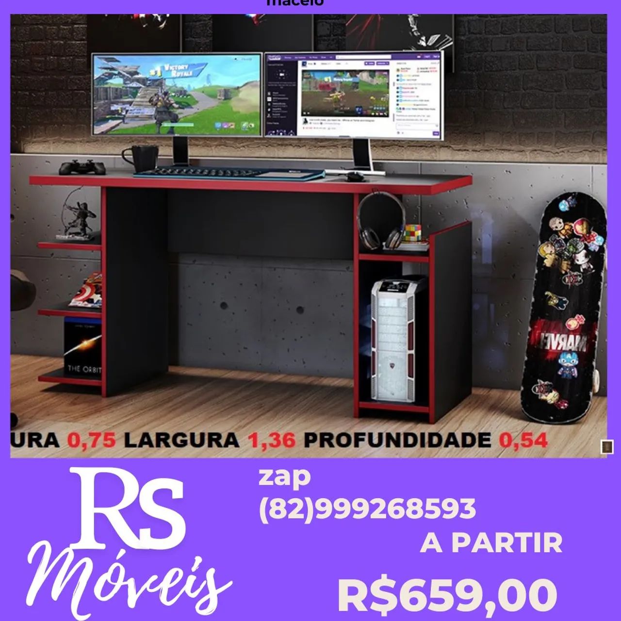 Mesa Gamer Escrivaninha Gamer Preto e Vermelho