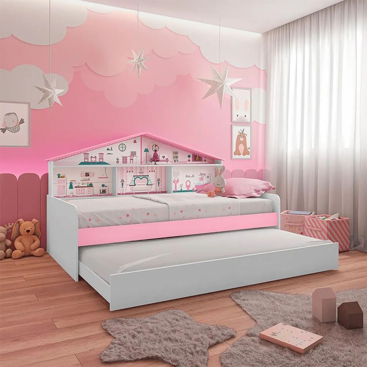 Cama Infantil Casinha com Cama Auxiliar - Branca e Rosa