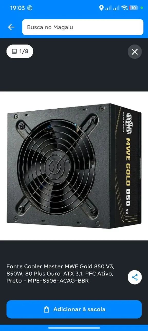 Fonte pc top 850w Cooler Master proteção gold