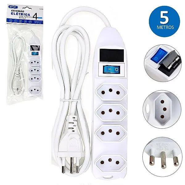 Filtro de Linha Extensão com 4 Tomadas, Fusível de Proteção, Cabo 5M - Knup 