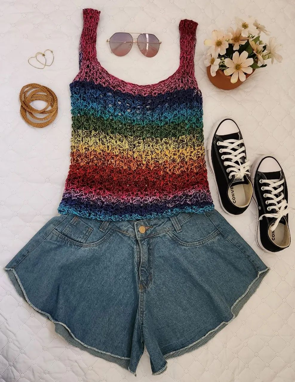 Conjunto Blusa Croche e Short Jeans