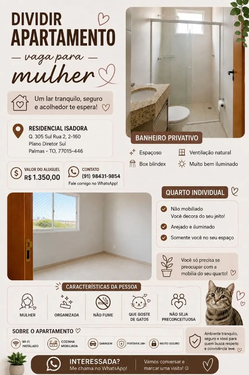 ? Vaga para dividir apartamento - somente para mulher 