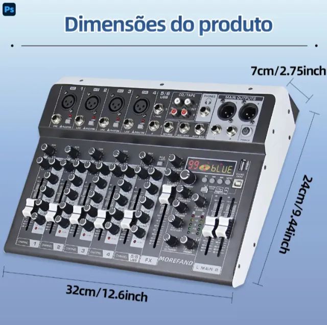 Mesa De Som 6 Canais Bluetooth Usb Mp3 Phantom+48v Cs6 - Foto 3