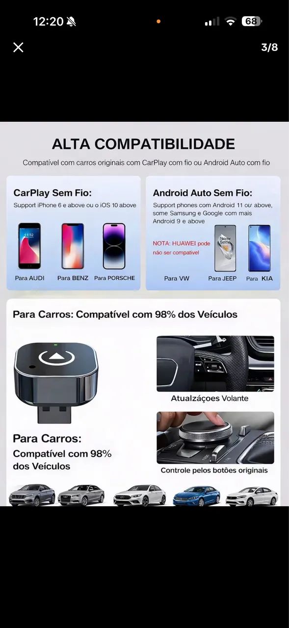 Adaptador CARPLAY /ANDROID AUTO SEM FIO - Foto 3