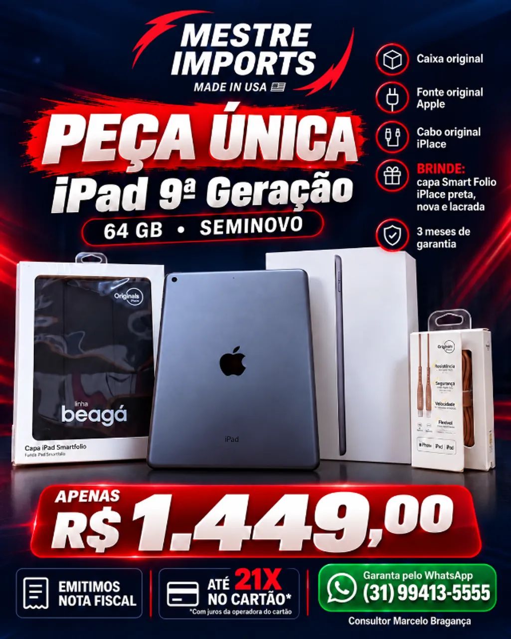 iPad 9ª Geração 64 GB seminovo com caixa e capa nova
