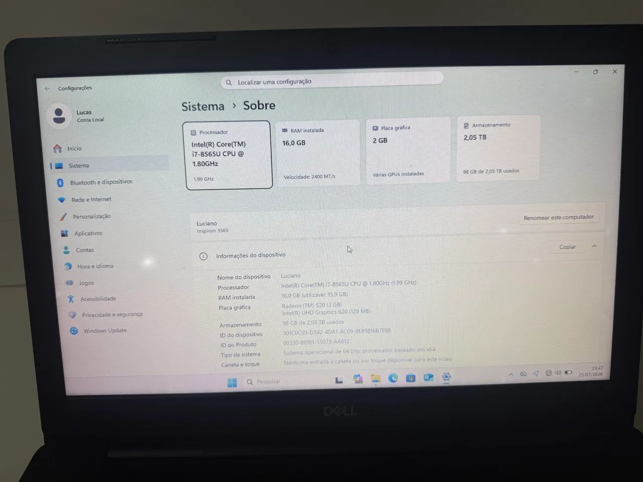Notebook Dell - i7 - 16ram - 256ssd - Foto 2