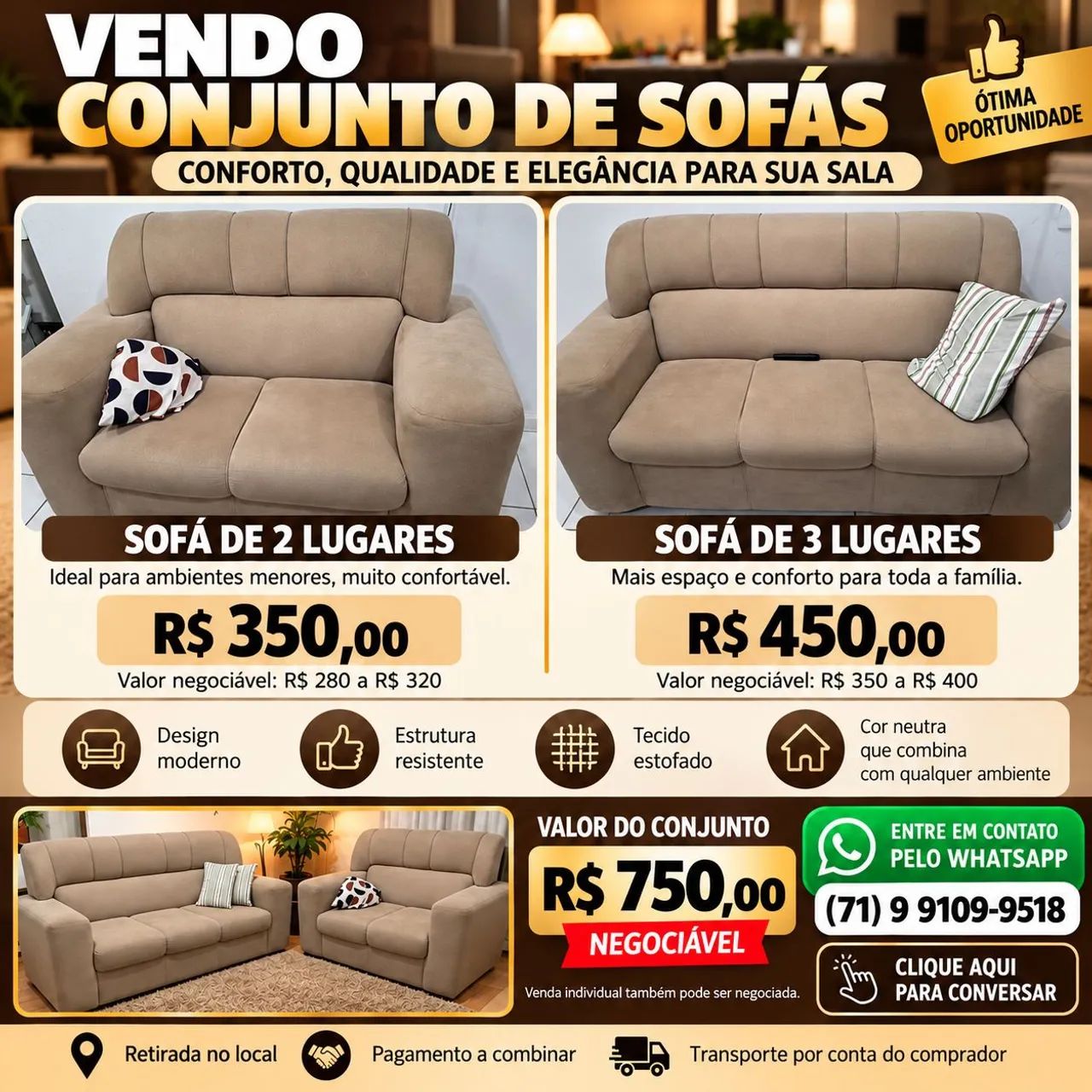 Conjunto de Sofás 2 e 3 Lugares Bege - Usados e Conservados