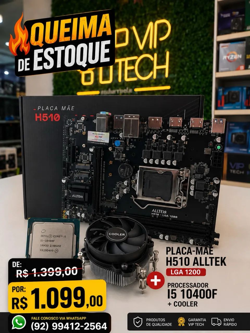 Kit placa mãe h510 + processador i5 10400f + cooler 