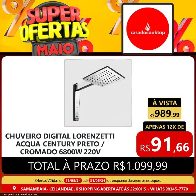 Chuveiro digital lorenzetti acqua century preto/cromado 6800w 220v