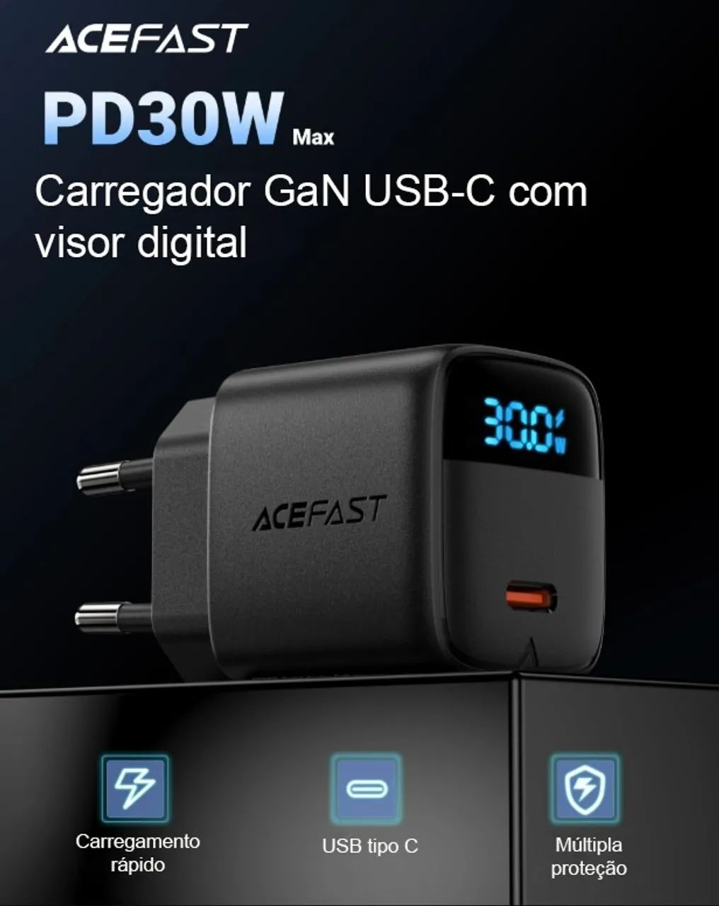 Carregador ACEFAST A115 PD30W GaN USB-C com display digital