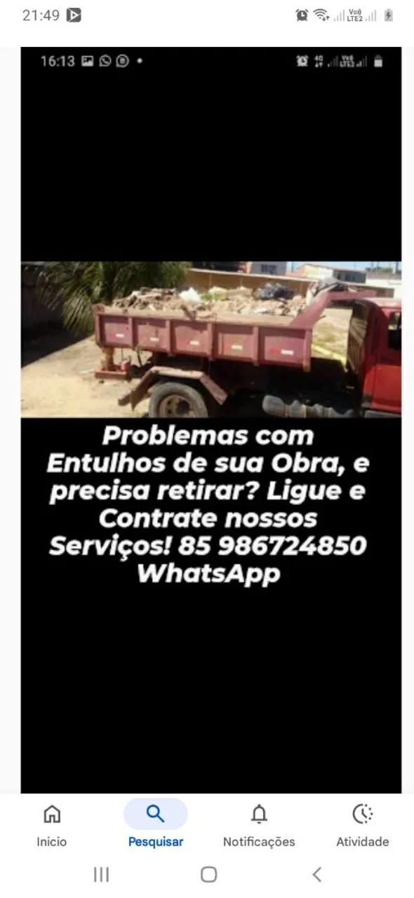 Retirada de Entulho de Obra - Disponível Hj pra Retirar o seu Entulho Ligue Já