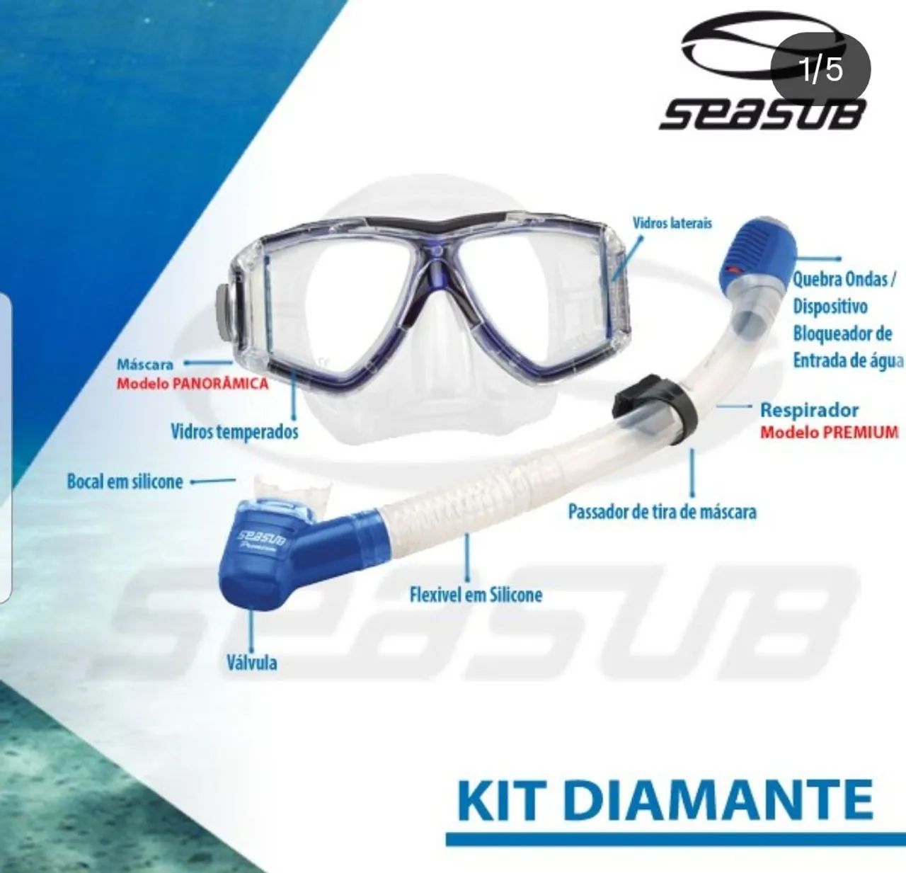 KIT MERGULHO DIAMANTE MÁSCARA +ESNORKEL- SEASUB PREMIUM  - Foto 4
