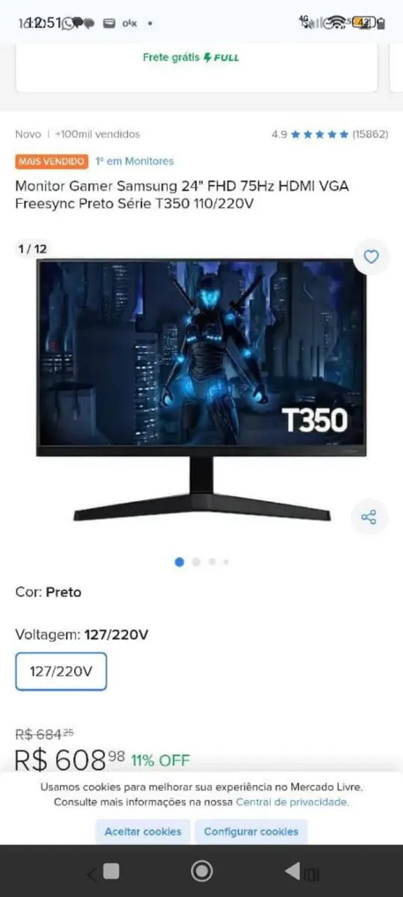 Vendo monitor games Samsung 24 FHD 75Hz. HDMI VGA.freesync preto série.T350.110/220V