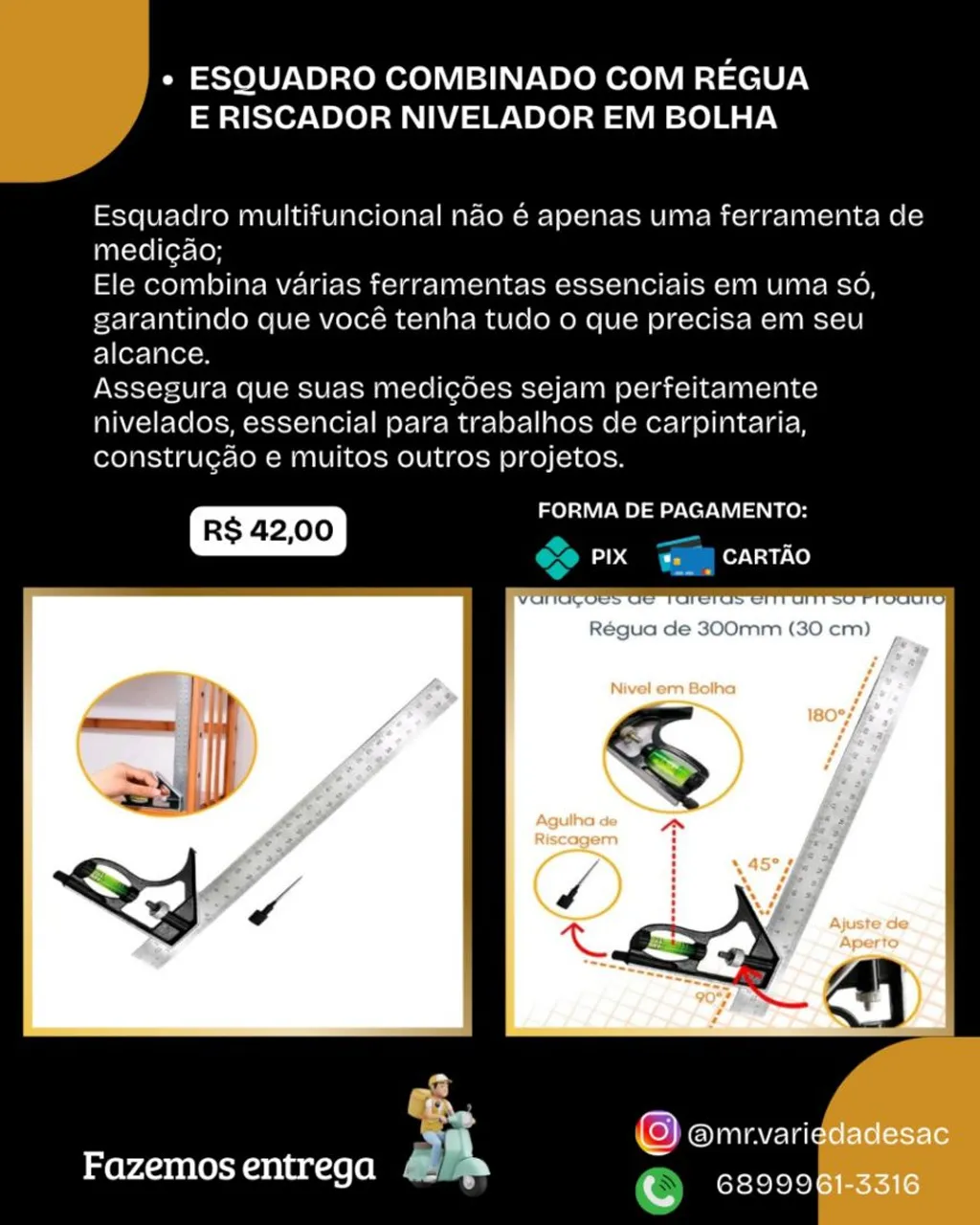 Esquadro Combinado c/ Régua e Riscador Nivelador