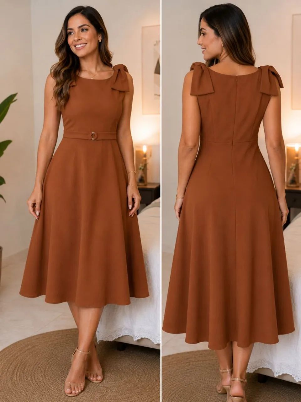 Vestido Marrom Midi de Crepe