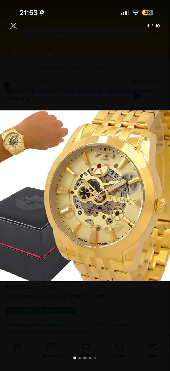 Relógio Masculino Technos Dourado Automático