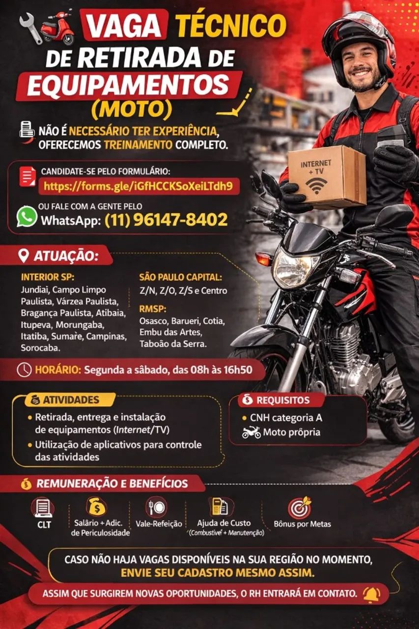 Técnico de retirada motoboy ZL CEP 032