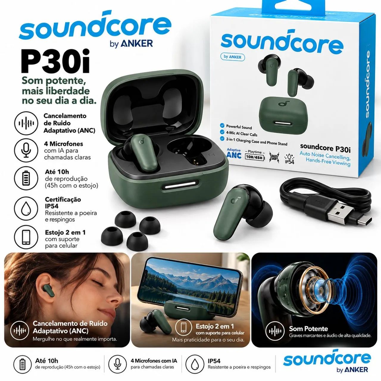Fone Bluetooth Soundcore P30i Anker ANC 45h Verde Original