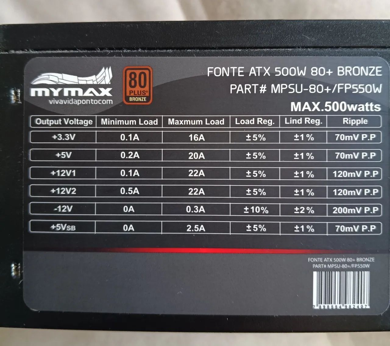 Fonte Mymax ATX 500W 80 Plus Bronze