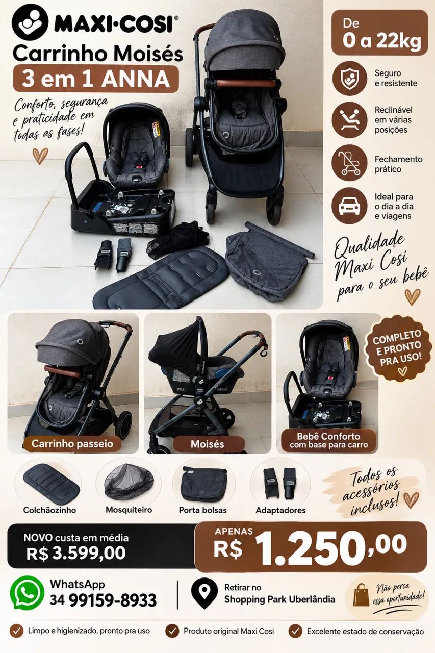 Carrinho Moisés 3 em 1 Anna Maxi Cosi completo 